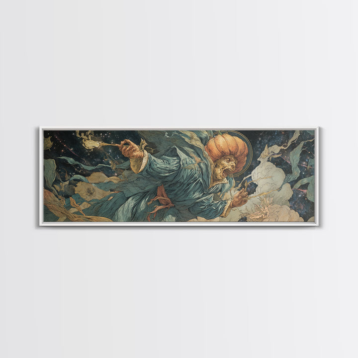 The Cosmic Pumpkin God, Dark Renaissance Art, Extra Wide Wall Art, Macabre Wall Art, Framed Canvas Print, Halloween Wall Art