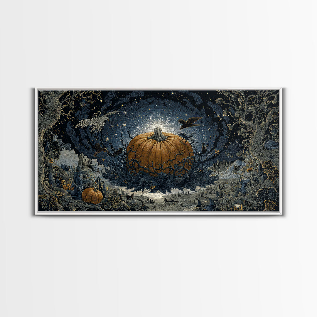 The Cosmic Pumpkin God, Romantic Gothic Landscape, Wide Panoramic Art, Macabre Wall Art, Framed Canvas Print, Halloween Wall Art