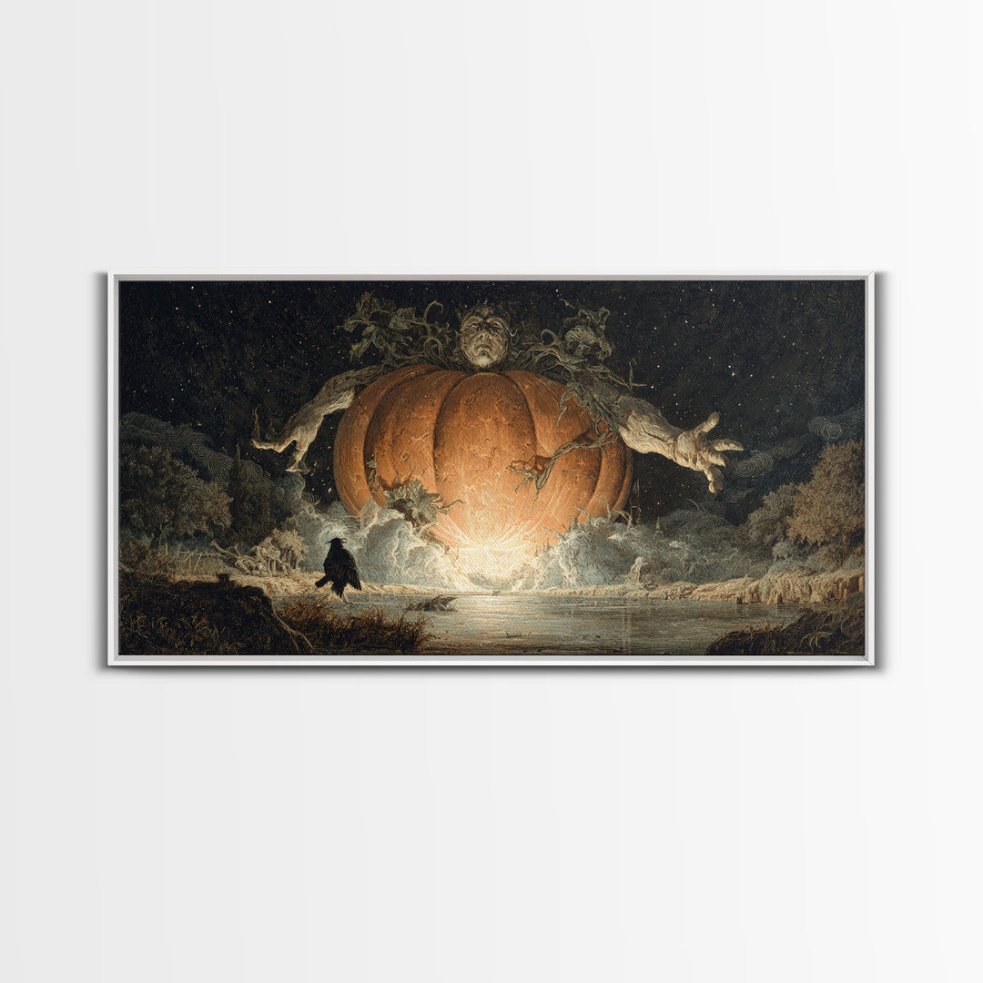 The Cosmic Pumpkin God, Symbolist Gothic Landscape, Wide Panoramic Art, Dark Halloween Decor, Canvas Print, Halloween Wall Art