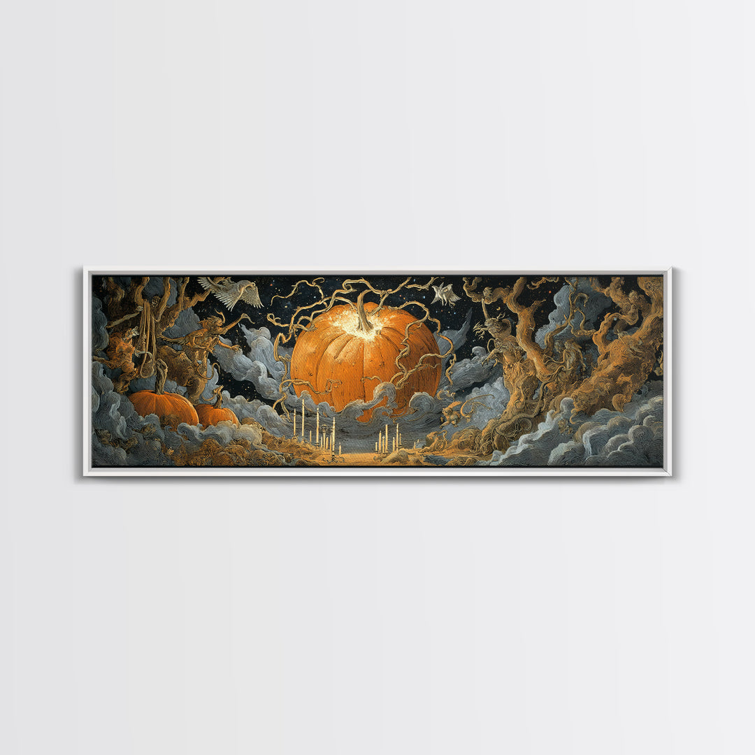 The Cosmic Pumpkin God, Symbolist Etching Art, Extra Wide Wall Art, Dark Halloween Decor, Framed Canvas Print, Halloween Wall Art