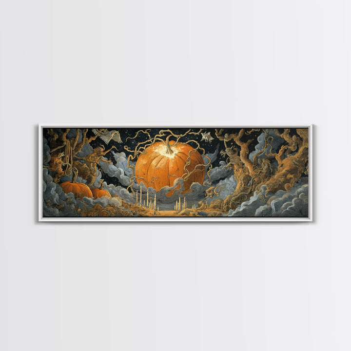 The Cosmic Pumpkin God, Symbolist Etching Art, Extra Wide Wall Art, Dark Halloween Decor, Framed Canvas Print, Halloween Wall Art