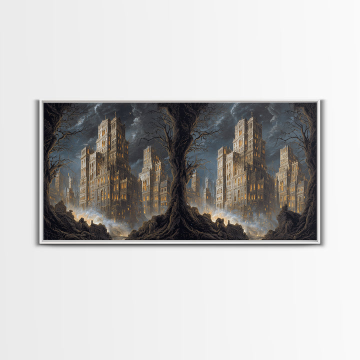 The Haunted City Skyline, Baroque Witchcraft Art, Wide Panoramic Art, Macabre Wall Art, Canvas Print, Halloween Wall Art