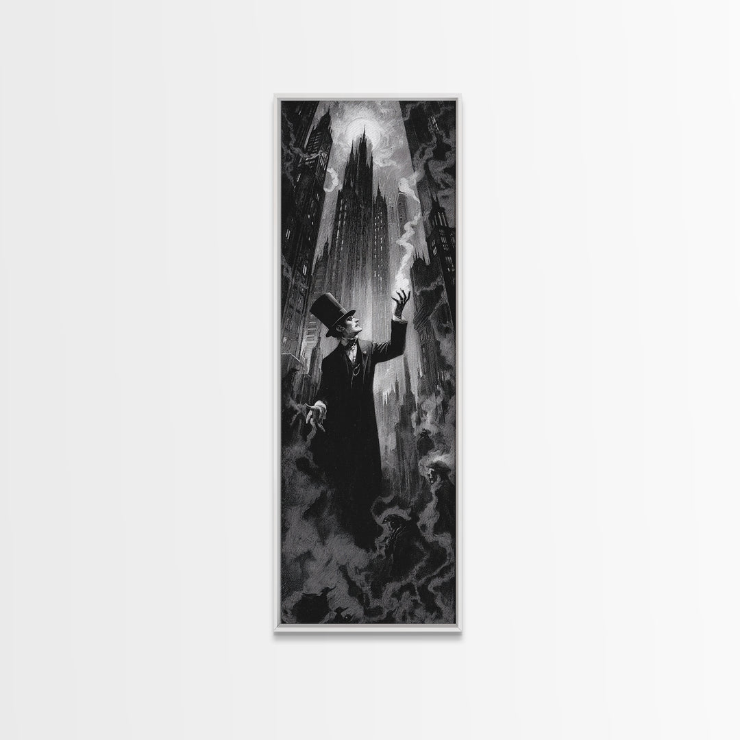 The Haunted City Skyline, Dark Romantic Horror Art, Tall Narrow Wall Art, Macabre Wall Art, Canvas Print, Halloween Wall Art