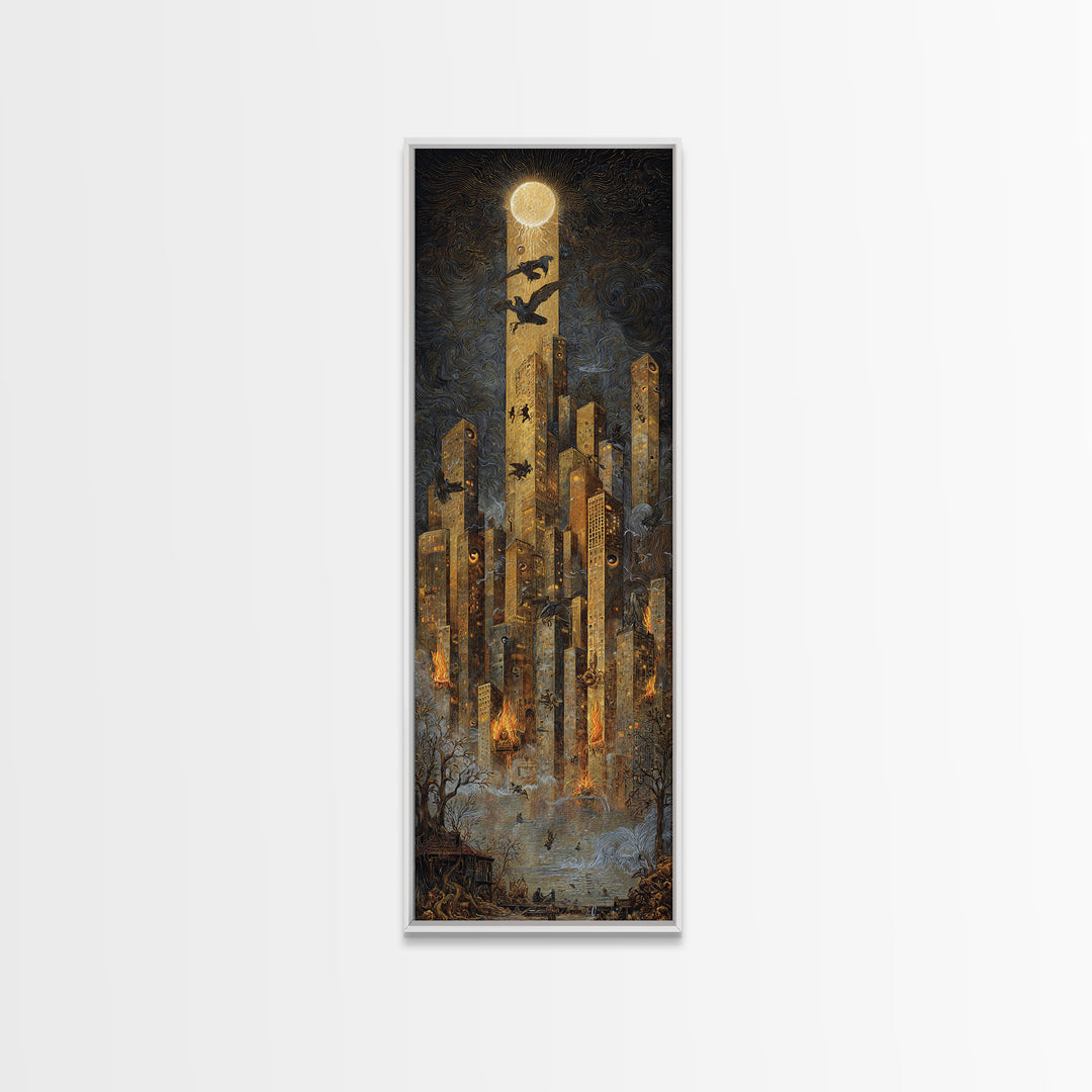 The Haunted City Skyline, Visionary Gothic Art, Tall Narrow Wall Art, Macabre Wall Art, Framed Canvas Print, Halloween Wall Art