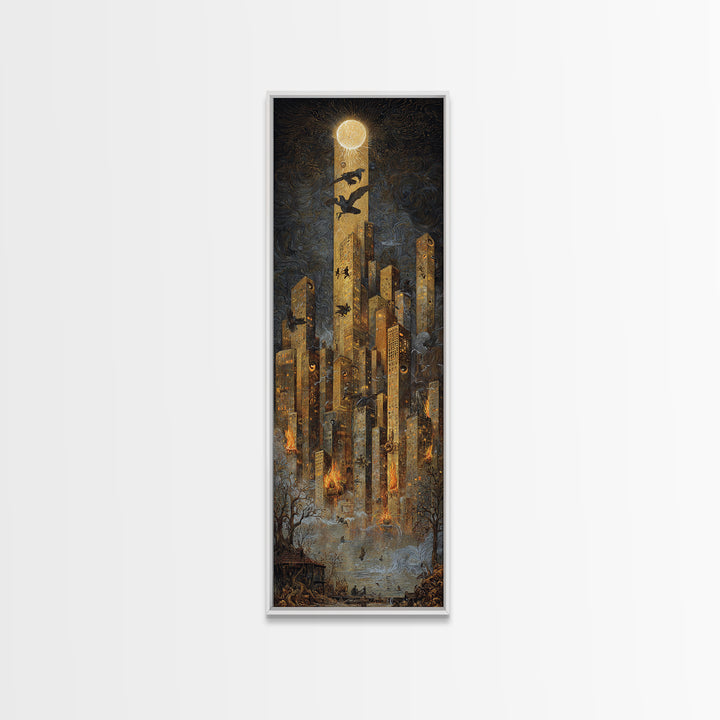 The Haunted City Skyline, Visionary Gothic Art, Tall Narrow Wall Art, Macabre Wall Art, Framed Canvas Print, Halloween Wall Art