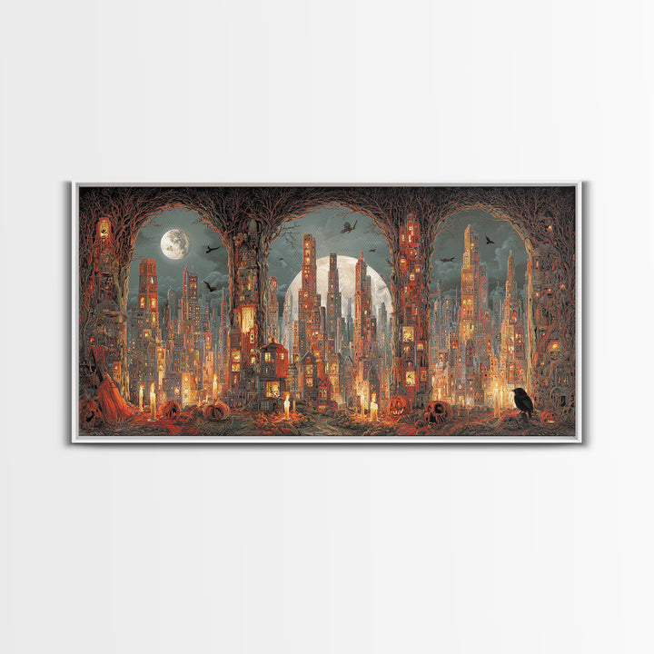 The Haunted City Skyline, Apocalyptic Romantic Art, Wide Panoramic Art, Macabre Wall Art, Canvas Print, Halloween Wall Art