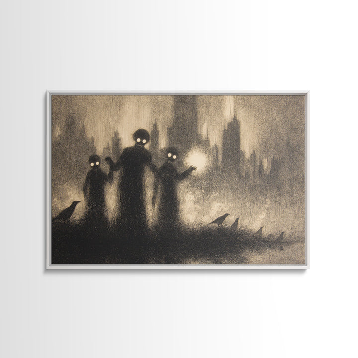 The Haunted City Skyline, Symbolist Dream Art, Landscape Wall Art, Dark Halloween Decor, Framed Canvas Print, Halloween Wall Art