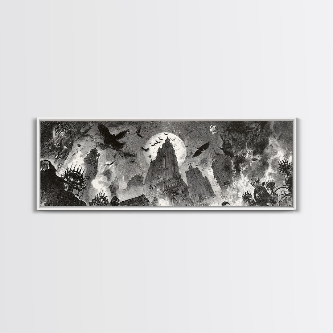 The Haunted City Skyline, Decadent Gothic Art, Extra Wide Wall Art, Macabre Wall Art, Canvas Print, Halloween Wall Art