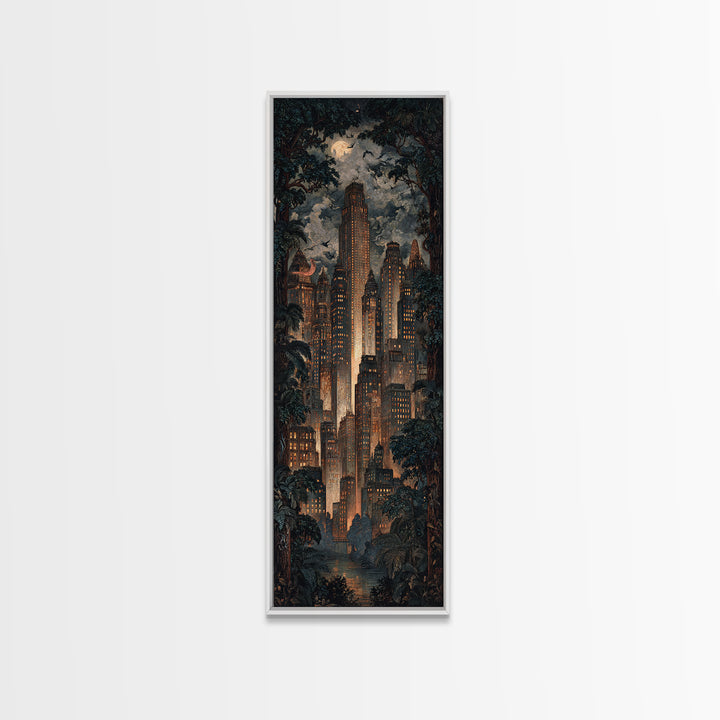 The Haunted City Skyline, Dark Symbolist Art, Tall Narrow Wall Art, Dark Fantasy Wall Art, Framed Canvas Print, Halloween Wall Art