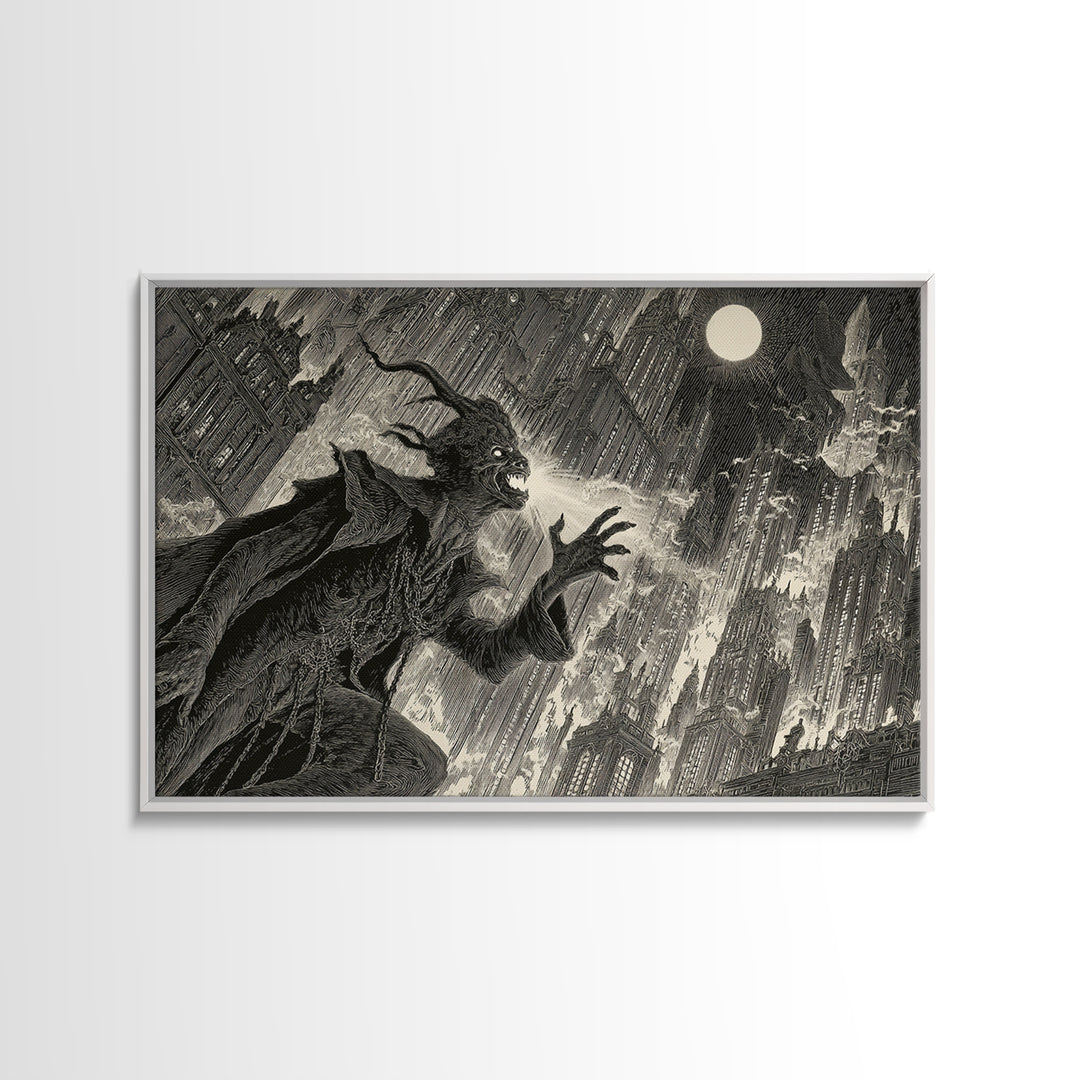 The Haunted City Skyline, Symbolist Etching Art, Landscape Wall Art, Dark Halloween Decor, Canvas Print, Halloween Wall Art