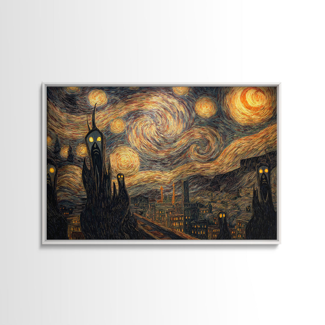 The Haunted City Skyline, Expressionist Gothic Art, Landscape Wall Art, Dark Halloween Decor, Canvas Print, Halloween Wall Art