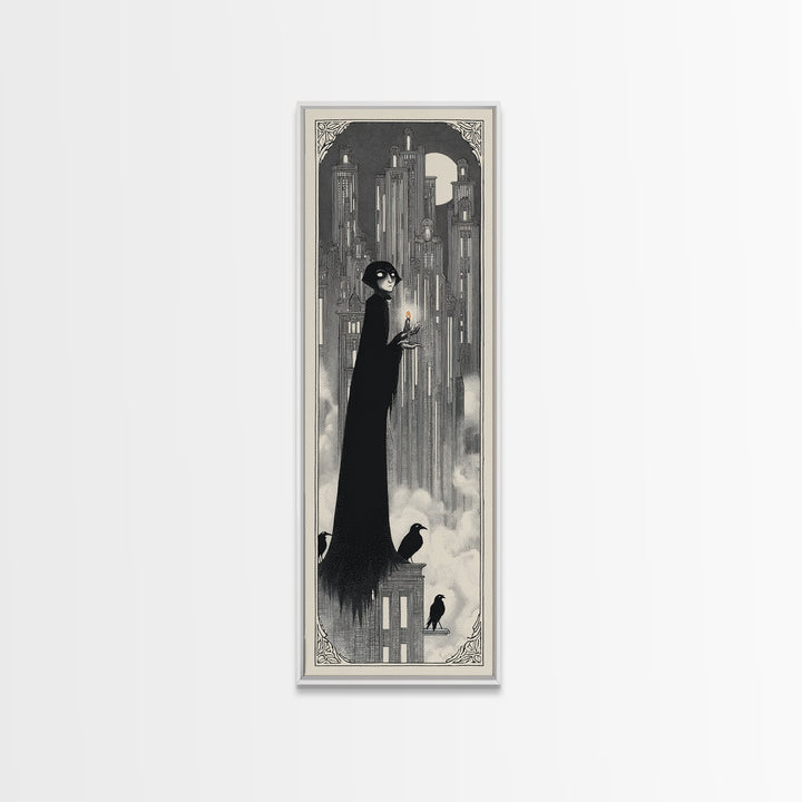 The Haunted City Skyline, Decadent Line Art, Tall Narrow Wall Art, Macabre Wall Art, Framed Canvas Print, Halloween Wall Art