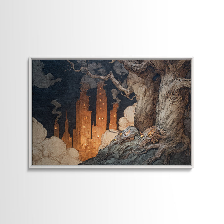 The Haunted City Skyline, Gothic Storybook Art, Landscape Wall Art, Dark Fantasy Wall Art, Canvas Print, Halloween Wall Art