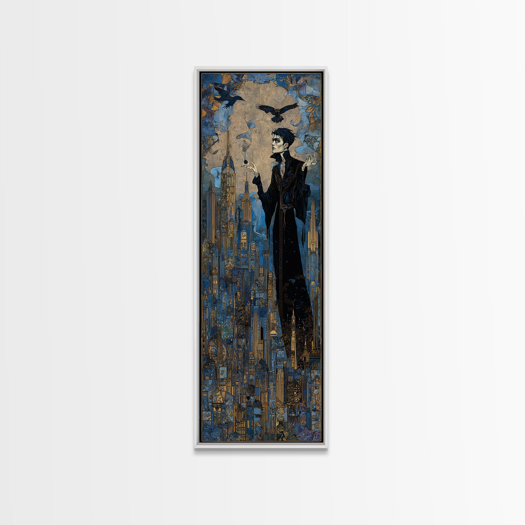 The Haunted City Skyline, Stained Glass Gothic Art, Tall Narrow Wall Art, Dark Halloween Decor, Canvas Print, Halloween Wall Art