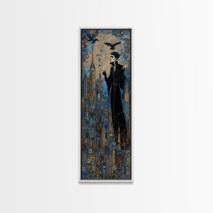 The Haunted City Skyline, Stained Glass Gothic Art, Tall Narrow Wall Art, Dark Halloween Decor, Canvas Print, Halloween Wall Art