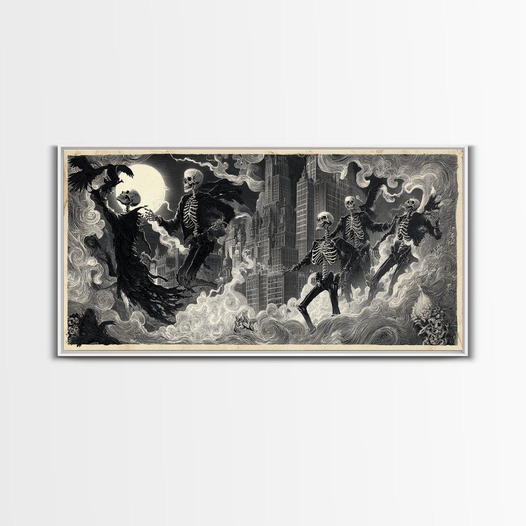 The Haunted City Skyline, Macabre Folk Print Art, Wide Panoramic Art, Gothic Horror Wall Art, Canvas Print, Halloween Wall Art