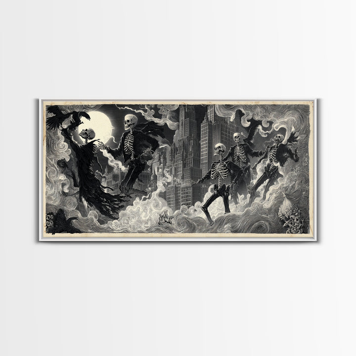 The Haunted City Skyline, Macabre Folk Print Art, Wide Panoramic Art, Gothic Horror Wall Art, Canvas Print, Halloween Wall Art