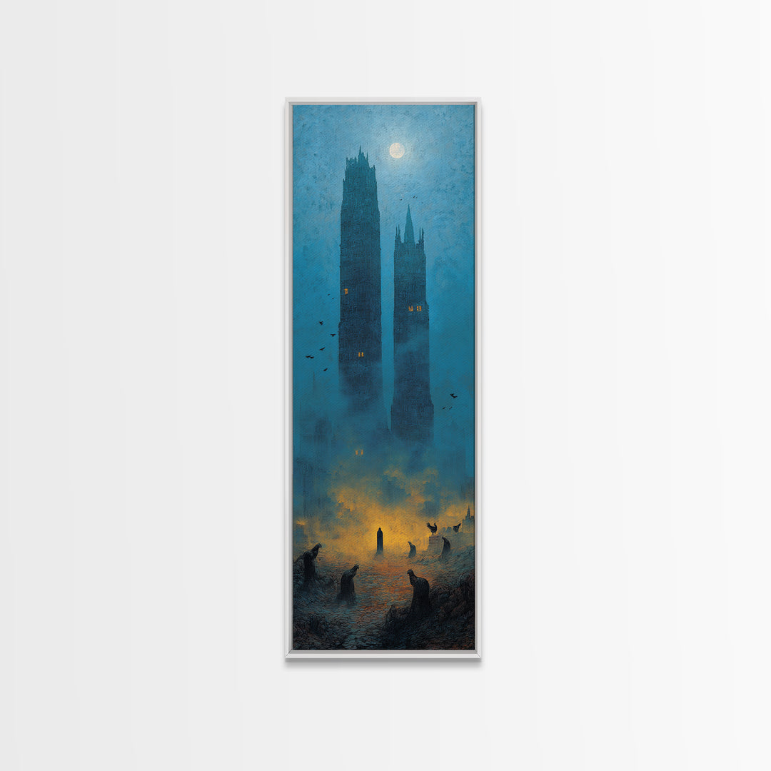 The Haunted City Skyline, Surreal Apocalyptic Art, Tall Narrow Wall Art, Dark Halloween Decor, Framed Canvas Print