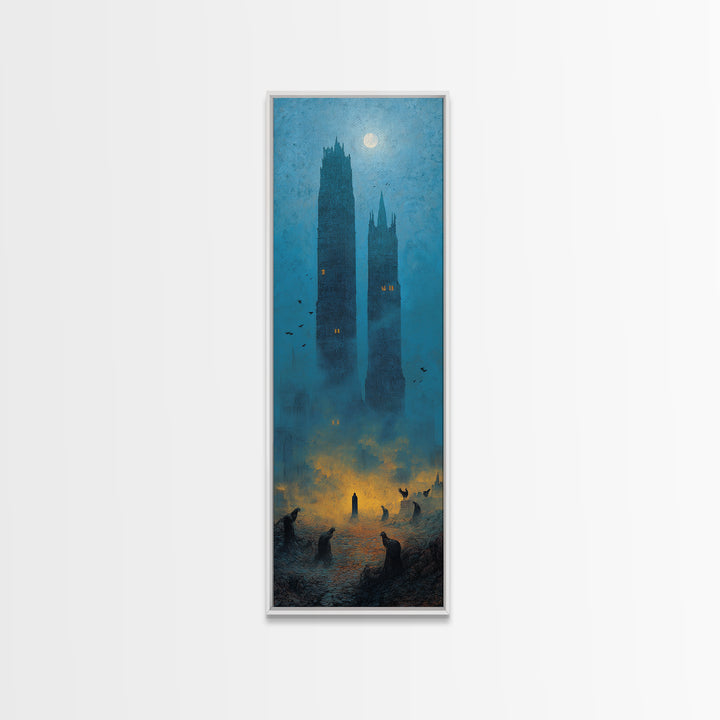 The Haunted City Skyline, Surreal Apocalyptic Art, Tall Narrow Wall Art, Dark Halloween Decor, Framed Canvas Print