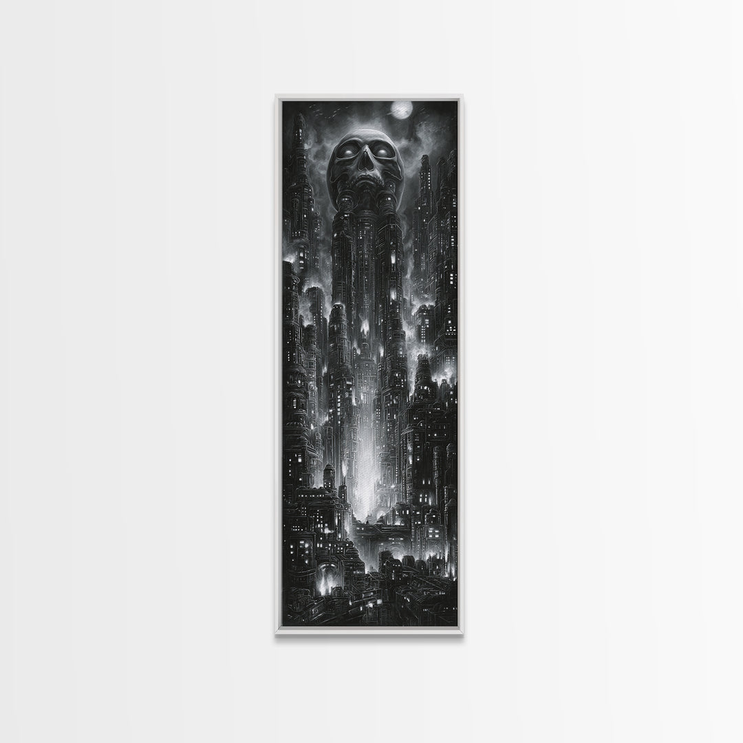 The Haunted City Skyline, Biomechanical Horror Art, Tall Narrow Wall Art, Dark Fantasy Wall Art, Canvas Print, Halloween Wall Art