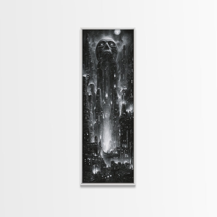 The Haunted City Skyline, Biomechanical Horror Art, Tall Narrow Wall Art, Dark Fantasy Wall Art, Canvas Print, Halloween Wall Art