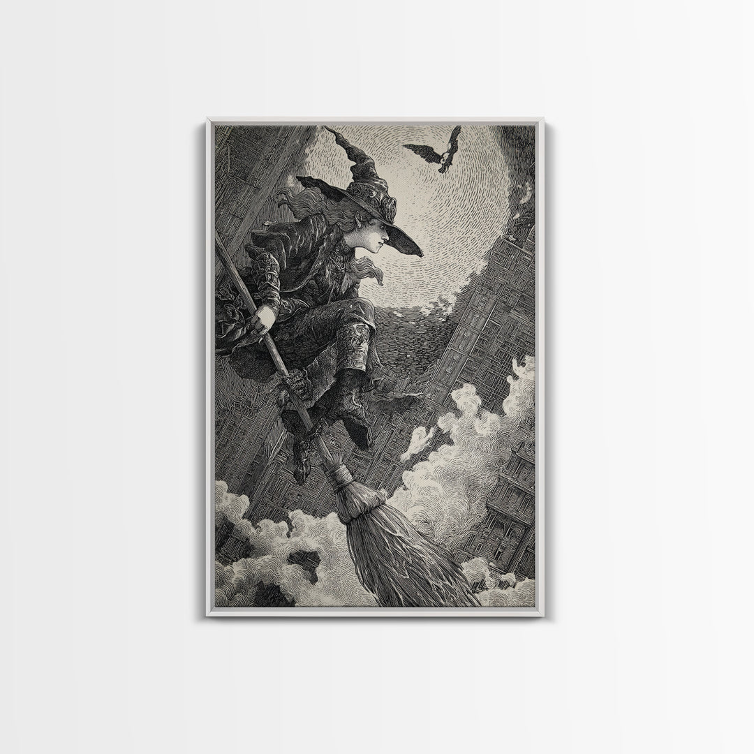 The Cyberpunk Witch, Renaissance Engraving Art, Vertical Wall Art, Dark Fantasy Wall Art, Framed Canvas Print, Halloween Wall Art