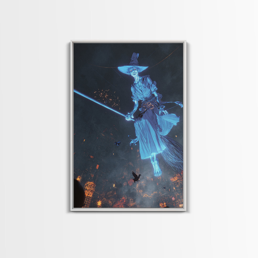 The Cyberpunk Witch, Gothic Nightmare Art, Vertical Wall Art, Dark Halloween Decor, Framed Canvas Print, Halloween Wall Art