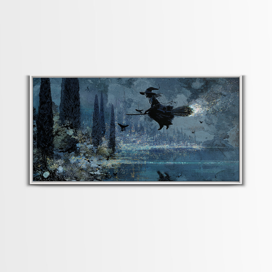 The Cyberpunk Witch, Symbolist Gothic Landscape, Wide Panoramic Art, Gothic Horror Wall Art, Framed Canvas Print, Halloween Wall Art