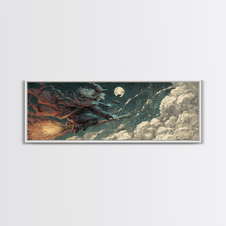 The Cyberpunk Witch, Symbolist Etching Art, Extra Wide Wall Art, Dark Halloween Decor, Canvas Print, Halloween Wall Art