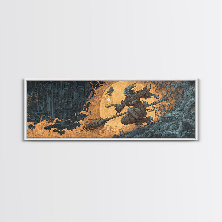 The Cyberpunk Witch, Gothic Storybook Art, Extra Wide Wall Art, Gothic Horror Wall Art, Canvas Print, Halloween Wall Art