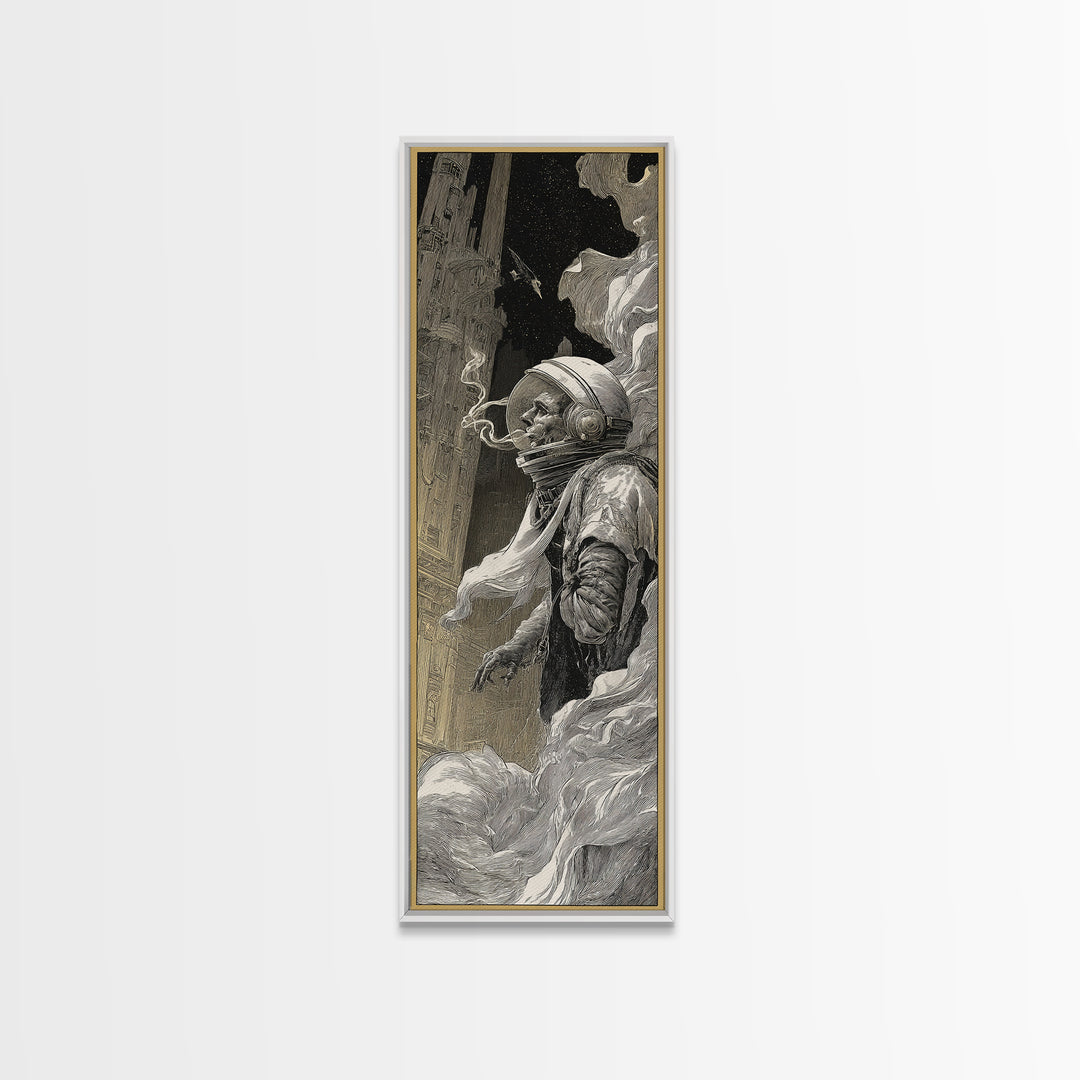 The Astronaut Ghost, Gothic Engraving Art, Tall Narrow Wall Art, Dark Halloween Decor, Framed Canvas Print, Halloween Wall Art