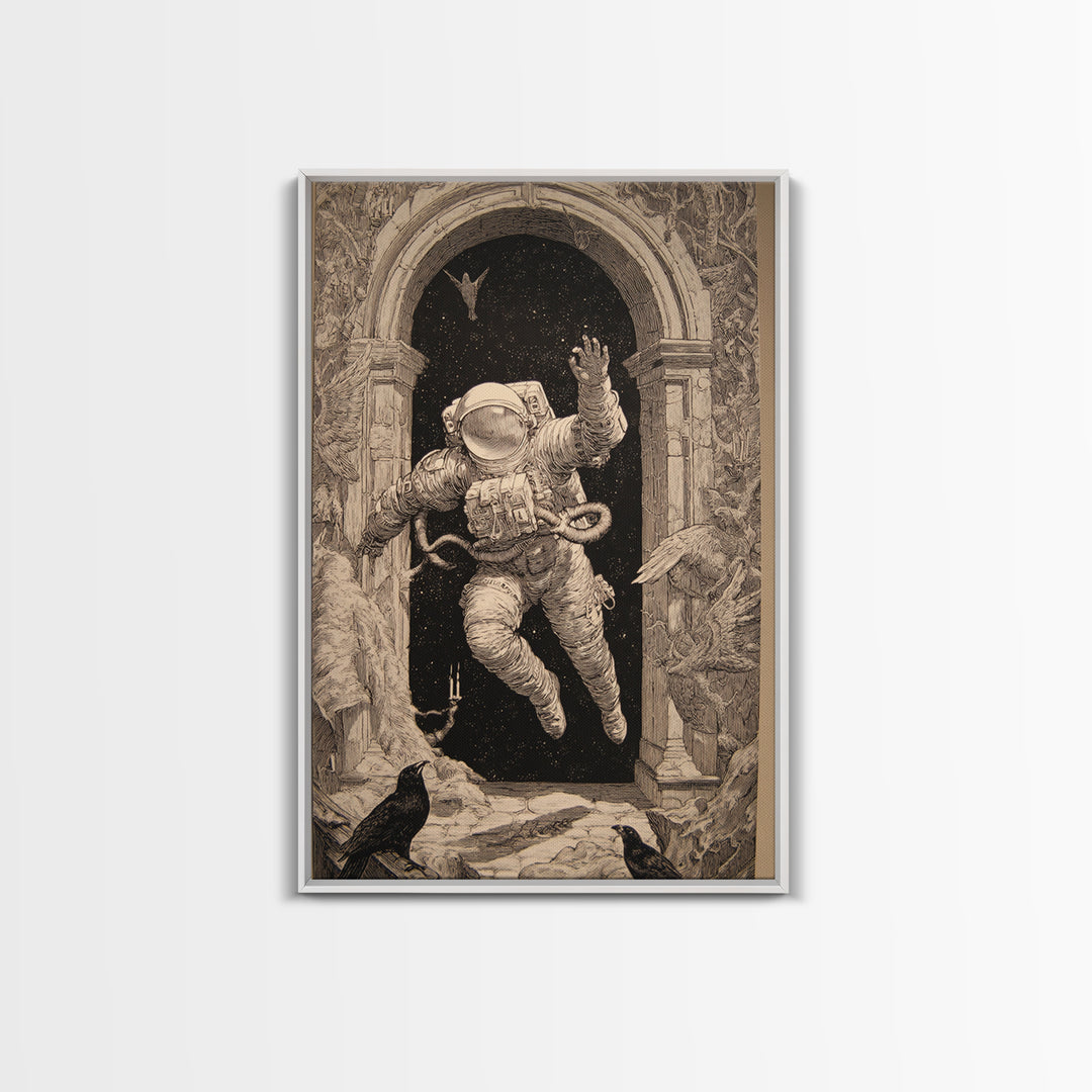 The Astronaut Ghost, Renaissance Engraving Art, Vertical Wall Art, Dark Fantasy Wall Art, Framed Canvas Print, Halloween Wall Art