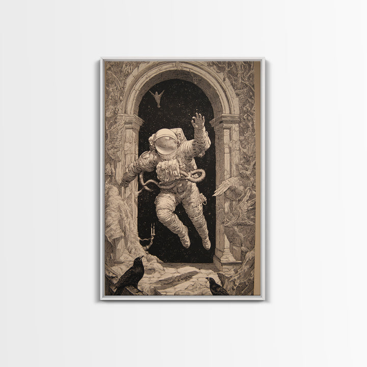 The Astronaut Ghost, Renaissance Engraving Art, Vertical Wall Art, Dark Fantasy Wall Art, Framed Canvas Print, Halloween Wall Art