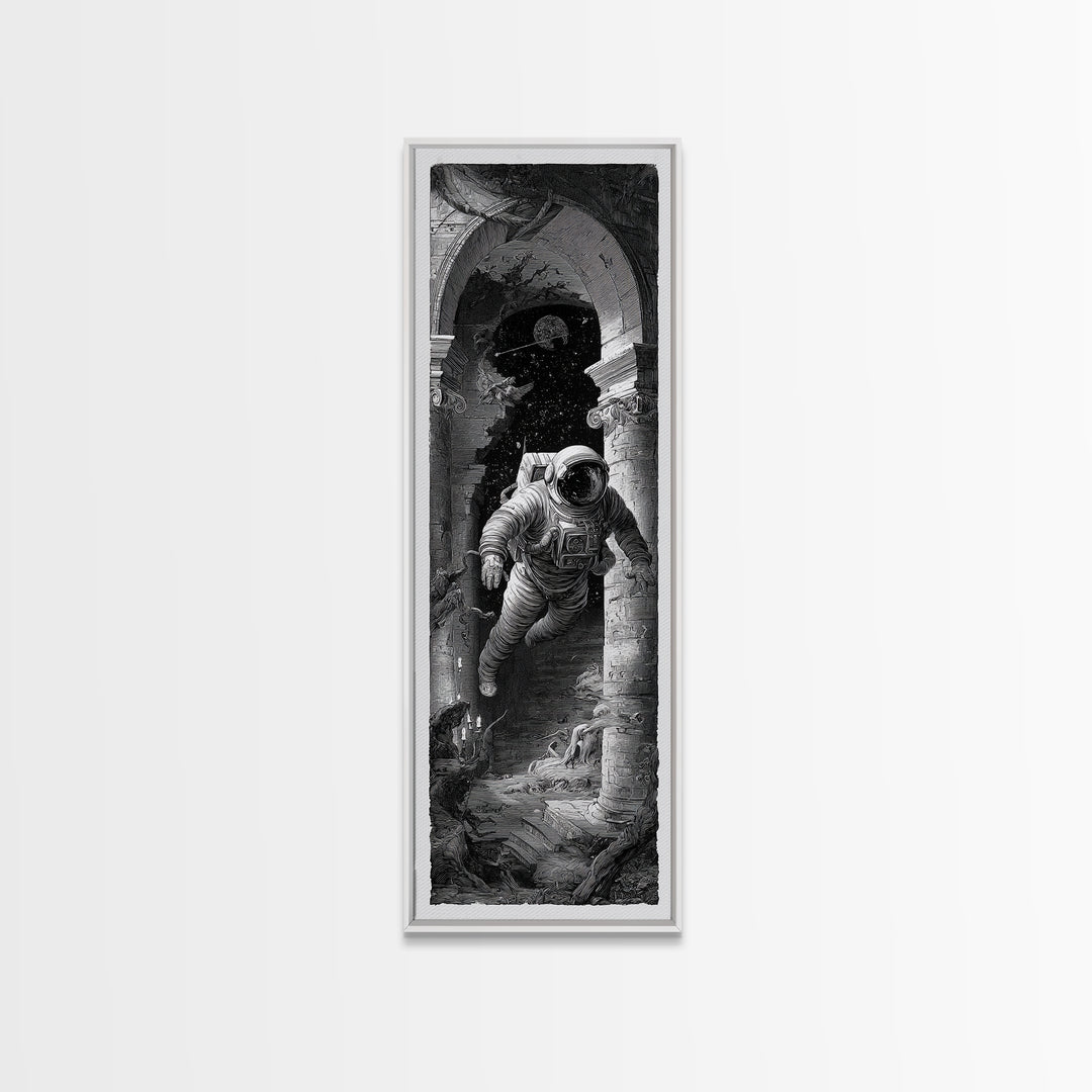 The Astronaut Ghost, Architectural Etching Art, Tall Narrow Wall Art, Dark Halloween Decor, Framed Canvas Print