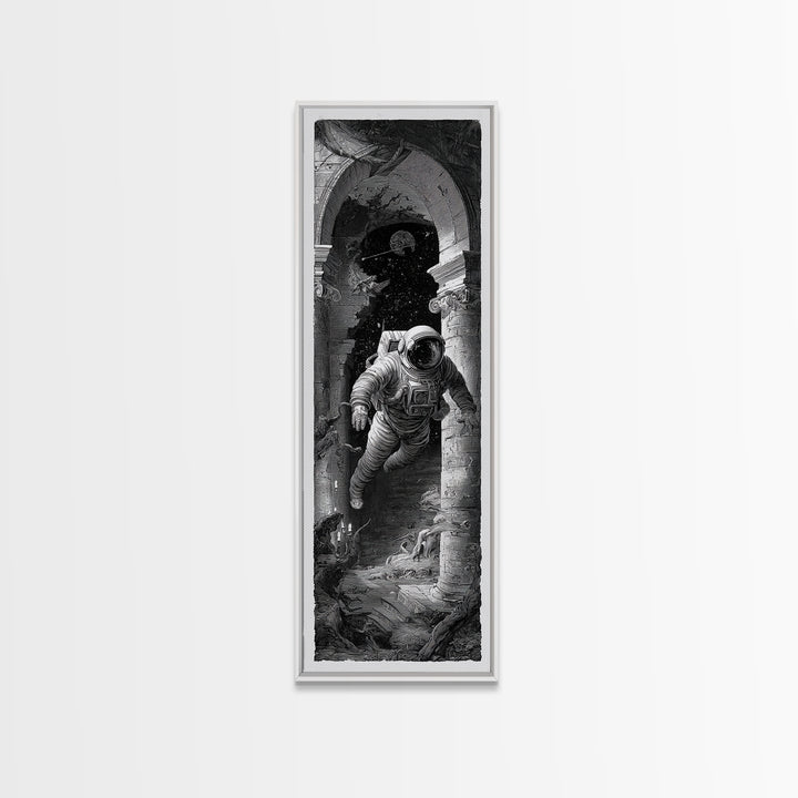 The Astronaut Ghost, Architectural Etching Art, Tall Narrow Wall Art, Dark Halloween Decor, Framed Canvas Print