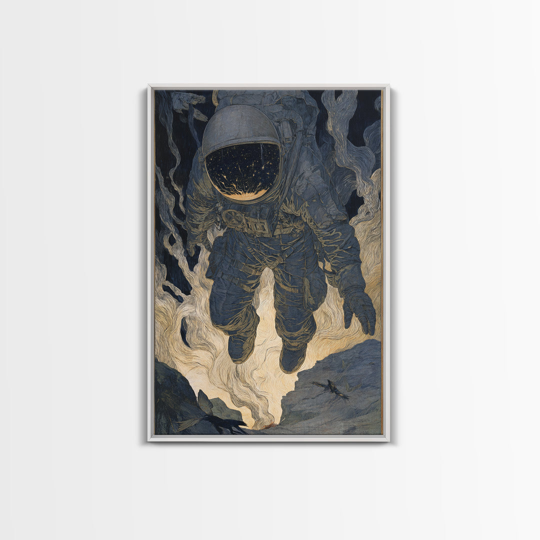 The Astronaut Ghost, Symbolist Etching Art, Vertical Wall Art, Macabre Wall Art, Framed Canvas Print, Halloween Wall Art