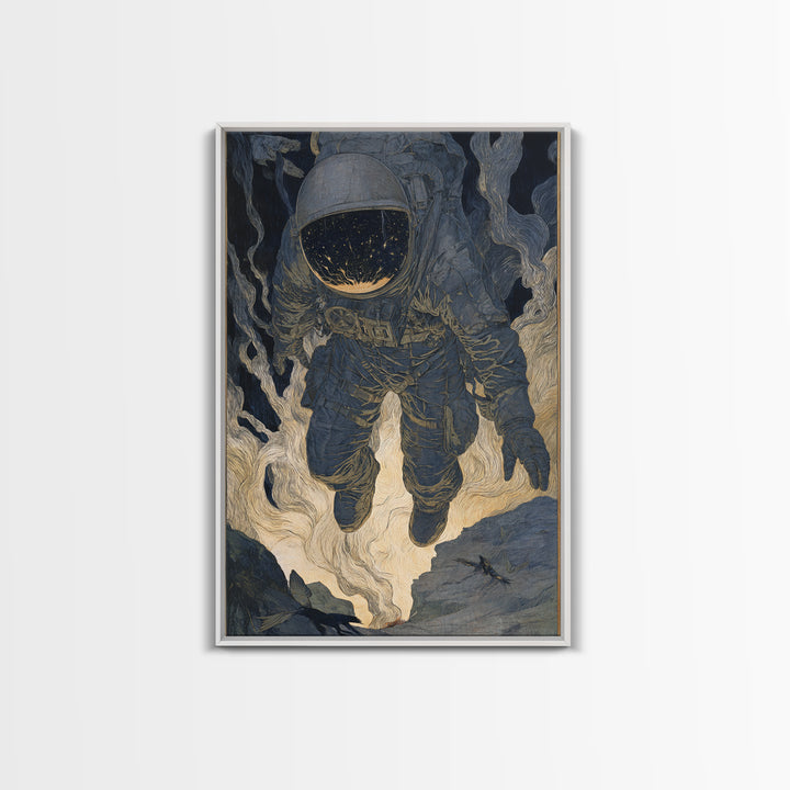 The Astronaut Ghost, Symbolist Etching Art, Vertical Wall Art, Macabre Wall Art, Framed Canvas Print, Halloween Wall Art
