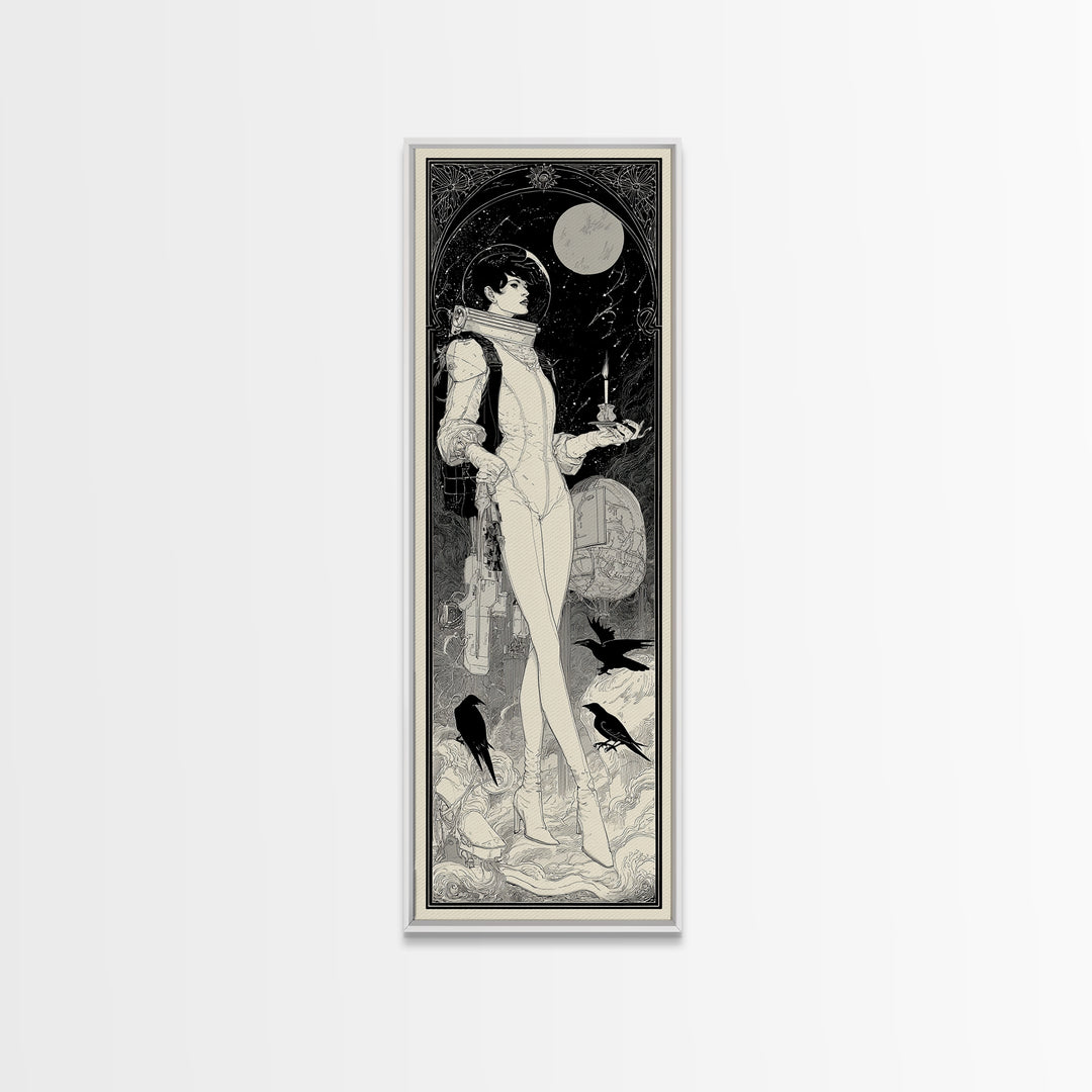 The Astronaut Ghost, Decadent Line Art, Tall Narrow Wall Art, Gothic Horror Wall Art, Canvas Print, Halloween Wall Art