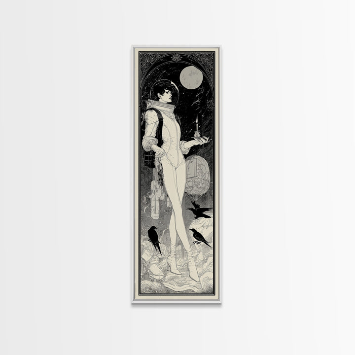 The Astronaut Ghost, Decadent Line Art, Tall Narrow Wall Art, Gothic Horror Wall Art, Canvas Print, Halloween Wall Art