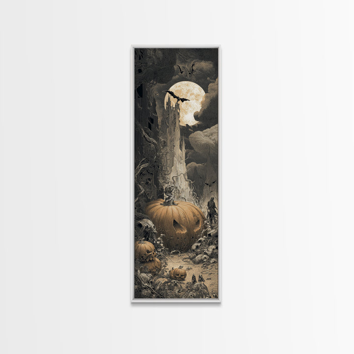 The Alien Pumpkin Patch, Gothic Engraving Art, Tall Narrow Wall Art, Dark Fantasy Wall Art, Canvas Print, Halloween Wall Art