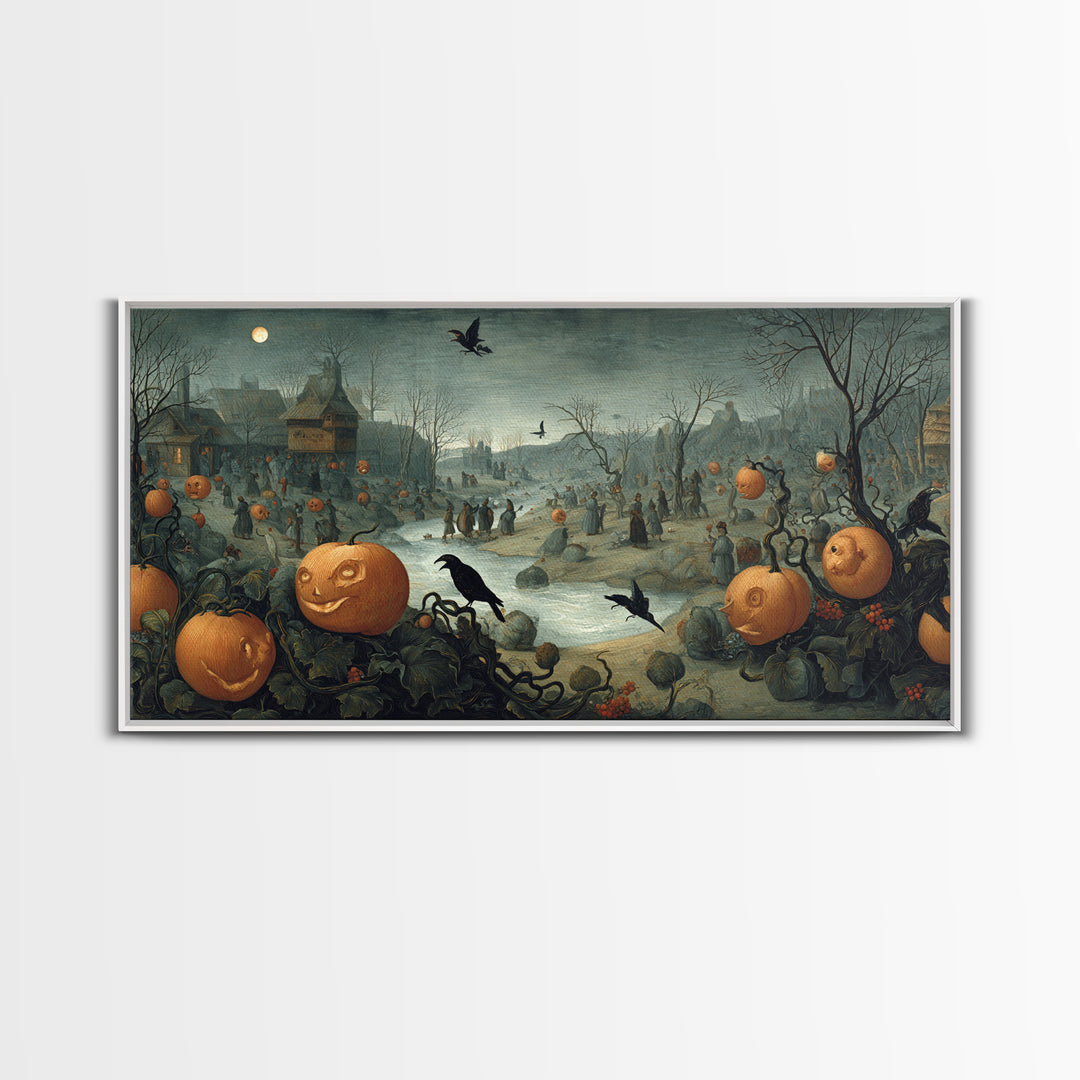 The Alien Pumpkin Patch, Northern Renaissance Horror, Wide Panoramic Art, Dark Halloween Decor, Canvas Print, Halloween Wall Art