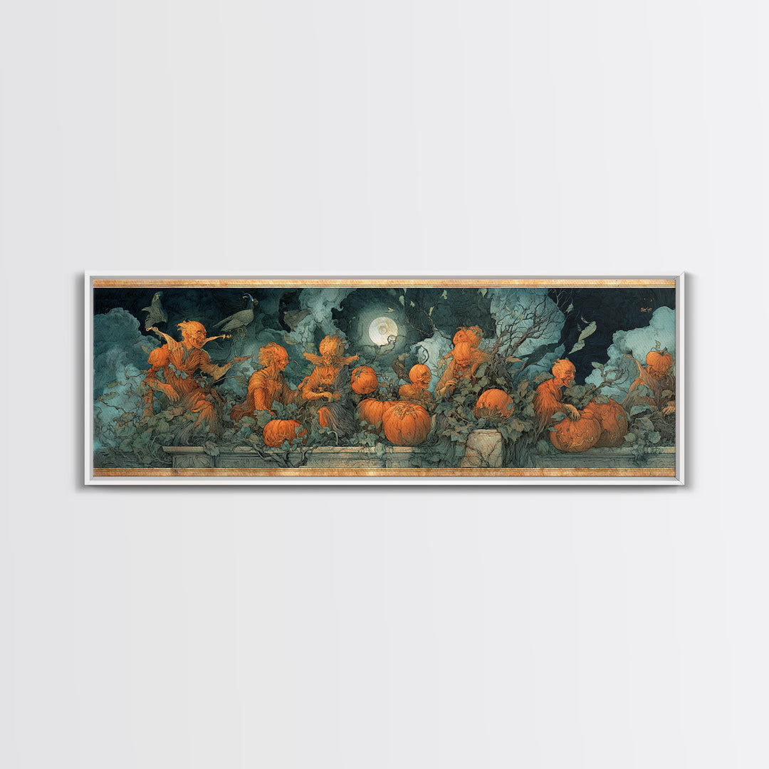 The Alien Pumpkin Patch, Dark Renaissance Art, Extra Wide Wall Art, Macabre Wall Art, Canvas Print, Halloween Wall Art