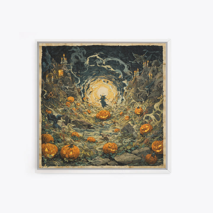The Alien Pumpkin Patch, Symbolist Etching Art, Square Wall Art, Dark Fantasy Wall Art, Canvas Print, Halloween Wall Art