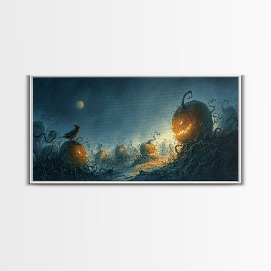 The Alien Pumpkin Patch, Expressionist Nightmare Art, Wide Panoramic Art, Macabre Wall Art, Framed Canvas Print, Halloween Wall Art