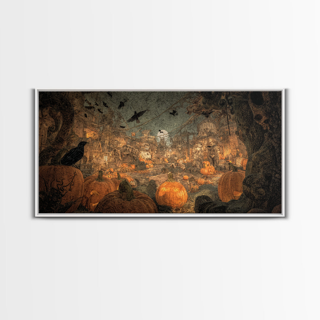 The Alien Pumpkin Patch, Grotesque Carnival Art, Wide Panoramic Art, Gothic Horror Wall Art, Framed Canvas Print, Halloween Wall Art