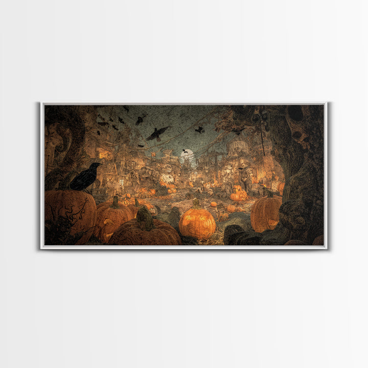The Alien Pumpkin Patch, Grotesque Carnival Art, Wide Panoramic Art, Gothic Horror Wall Art, Framed Canvas Print, Halloween Wall Art