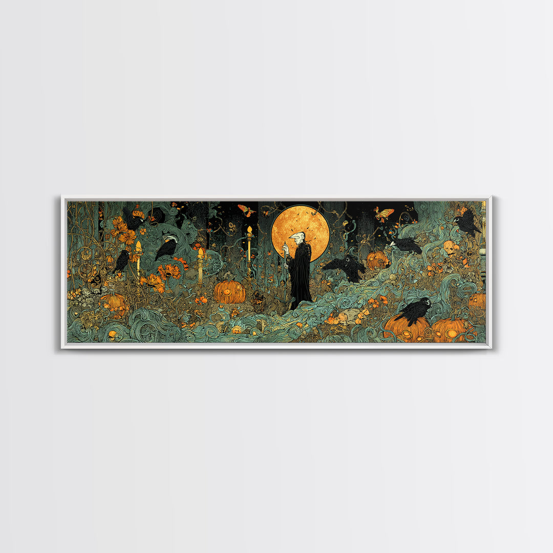 The Alien Pumpkin Patch, Stained Glass Gothic Art, Extra Wide Wall Art, Dark Fantasy Wall Art, Canvas Print, Halloween Wall Art