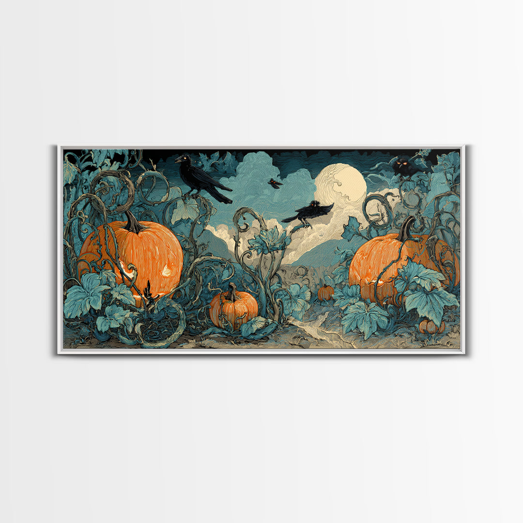 The Alien Pumpkin Patch, Macabre Folk Print Art, Wide Panoramic Art, Macabre Wall Art, Canvas Print, Halloween Wall Art