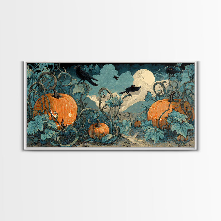 The Alien Pumpkin Patch, Macabre Folk Print Art, Wide Panoramic Art, Macabre Wall Art, Canvas Print, Halloween Wall Art