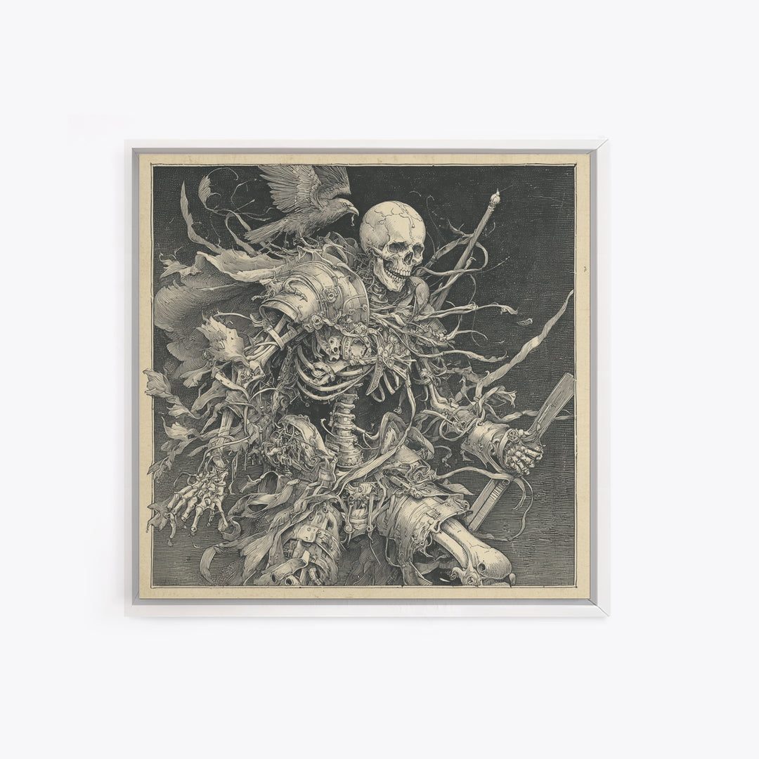 The Biomechanical Skeleton, Renaissance Engraving Art, Square Wall Art, Dark Fantasy Wall Art, Framed Canvas Print, Halloween Wall Art